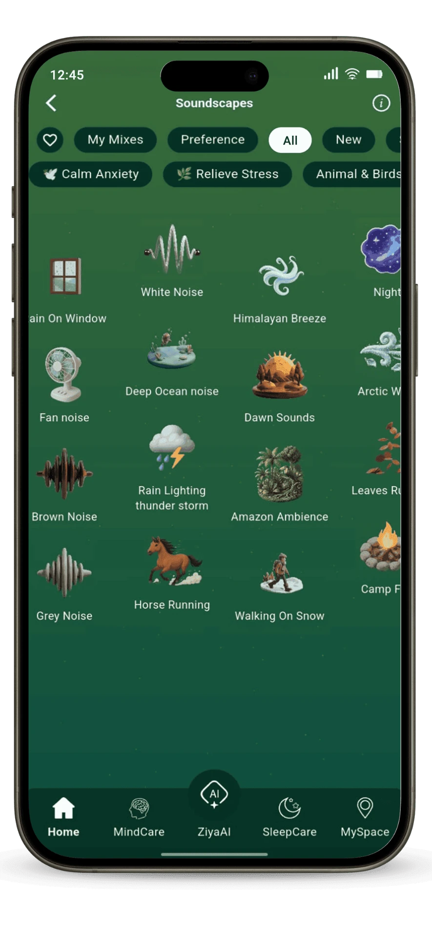 Ziya Soundscapes screen with filters like My Mixes, Calm Anxiety and Relieve Stress above a grid of sounds such as White Noise and Himalayan Breeze