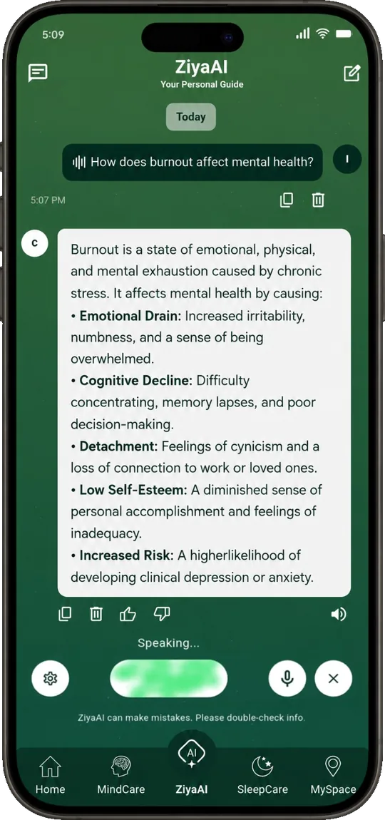 ZiyaAI voice conversation on a phone explaining how burnout affects mental health.
