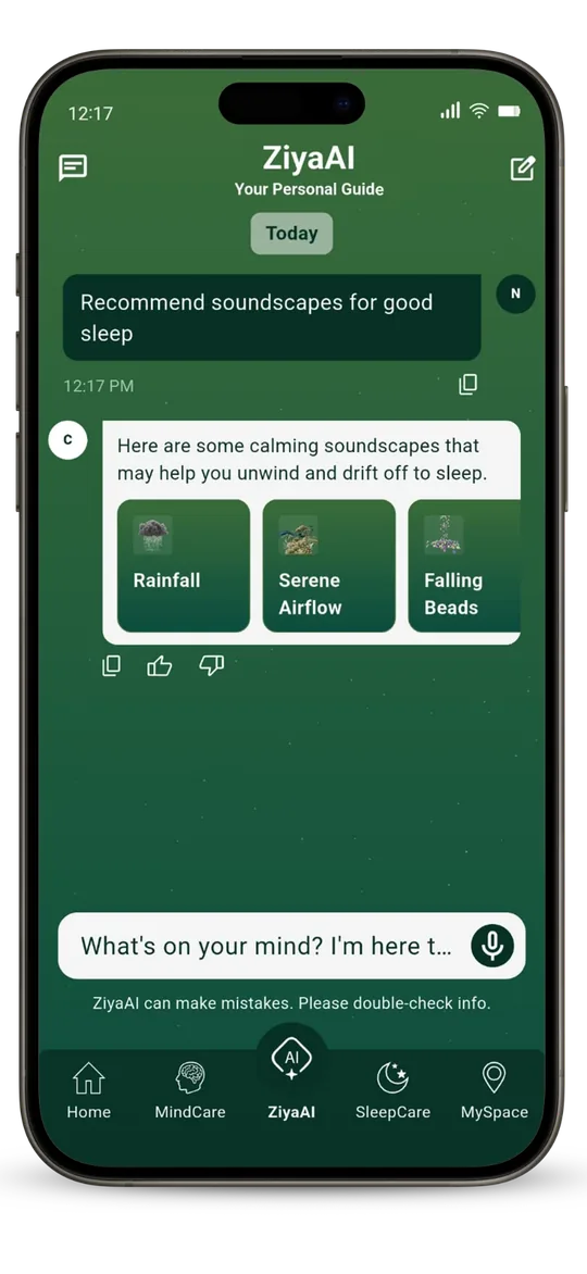 ZiyaAI chat on a phone recommending calming soundscapes — Rainfall, Serene Airflow and Falling Beads — for better sleep.