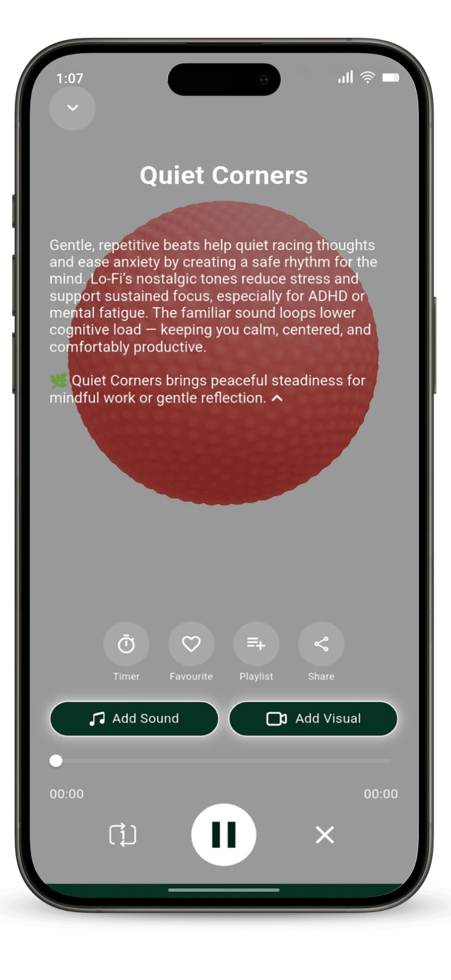 Ziya app playing the Neuro Music track Quiet Corners, with Add Sound and Add Visual options