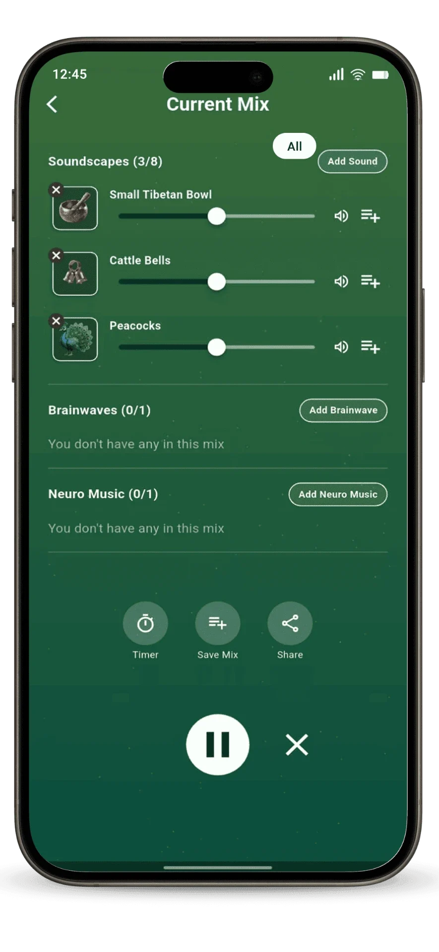 Ziya Current Mix screen layering Small Tibetan Bowl, Cattle Bells and Peacocks with volume sliders, plus Timer, Save Mix and Share