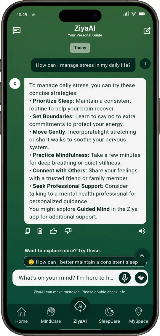 ZiyaAI chat on a phone answering how to manage stress in daily life with practical suggestions.