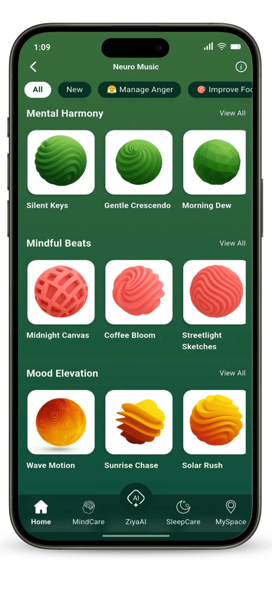 Neuro Music library in the Ziya app showing Mental Harmony, Mindful Beats and Mood Elevation